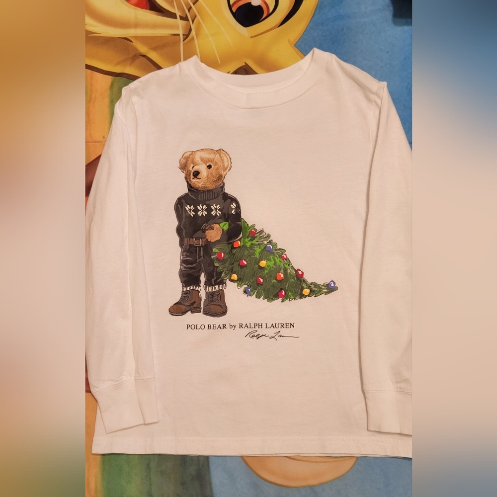 Ralph Lauren White Long Sleeve Tee with Bear and Tree